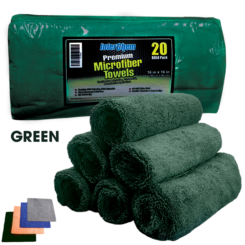 [323021] Interchem Premium Microfiber Towels 16" x 16" 400 GSM - 20 Pack (Green)