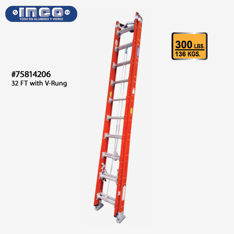 Inco Professional Fiberglass Extension Ladder - 300lb Rating - 32FT with V-Rung
